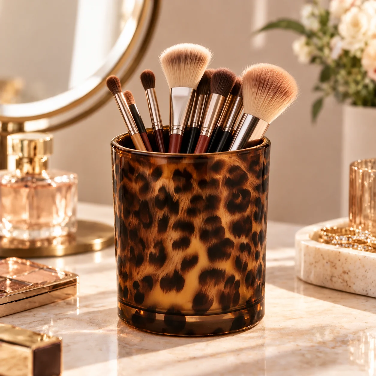 Leopard Print Glass Cosmetic Organizer,Amber Tortoiseshell Makeup Brush Holder Cup with Glossy Finish,Multifunctional Desktop Storage for Lipsticks,Eyeliner,Beauty Tools,Pens and Small Accessories,Vanity Dresser,Bathroom Counter and Bedroom Decor