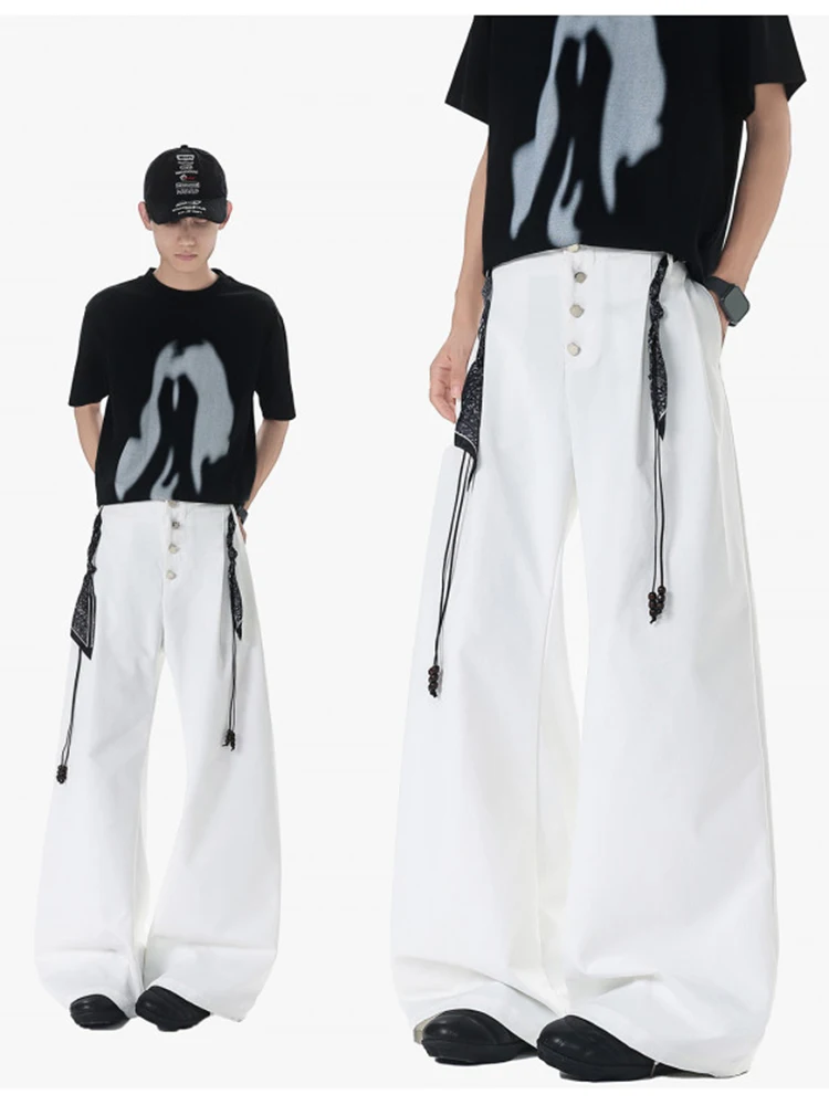 American High Street Design Casual Pants Men Summer Thin Wide Leg Straight Tube Loose Fit Breathable No Ironing Required