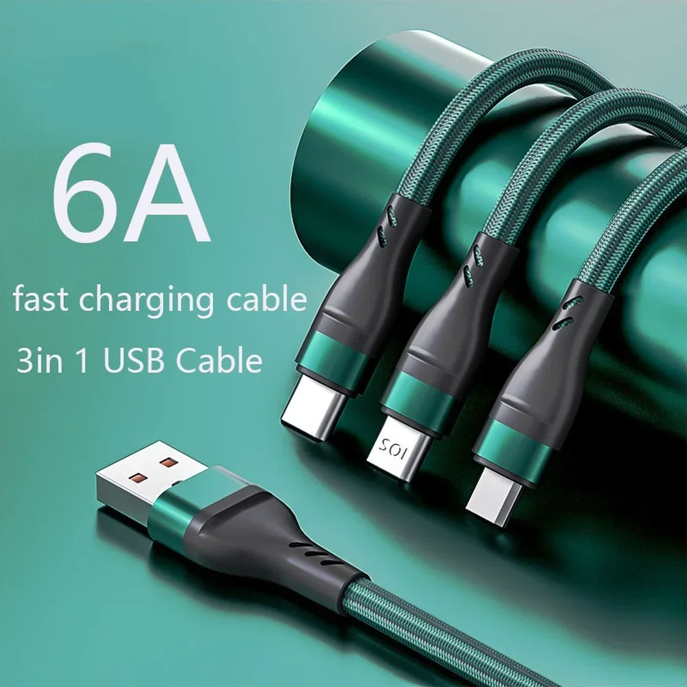 MVQF 6A 3n1 Nylon Fast Charging Cord for Micro USB Iphone TYPE-C Universal Braided Data Cable Universal Multiple Ports Charger