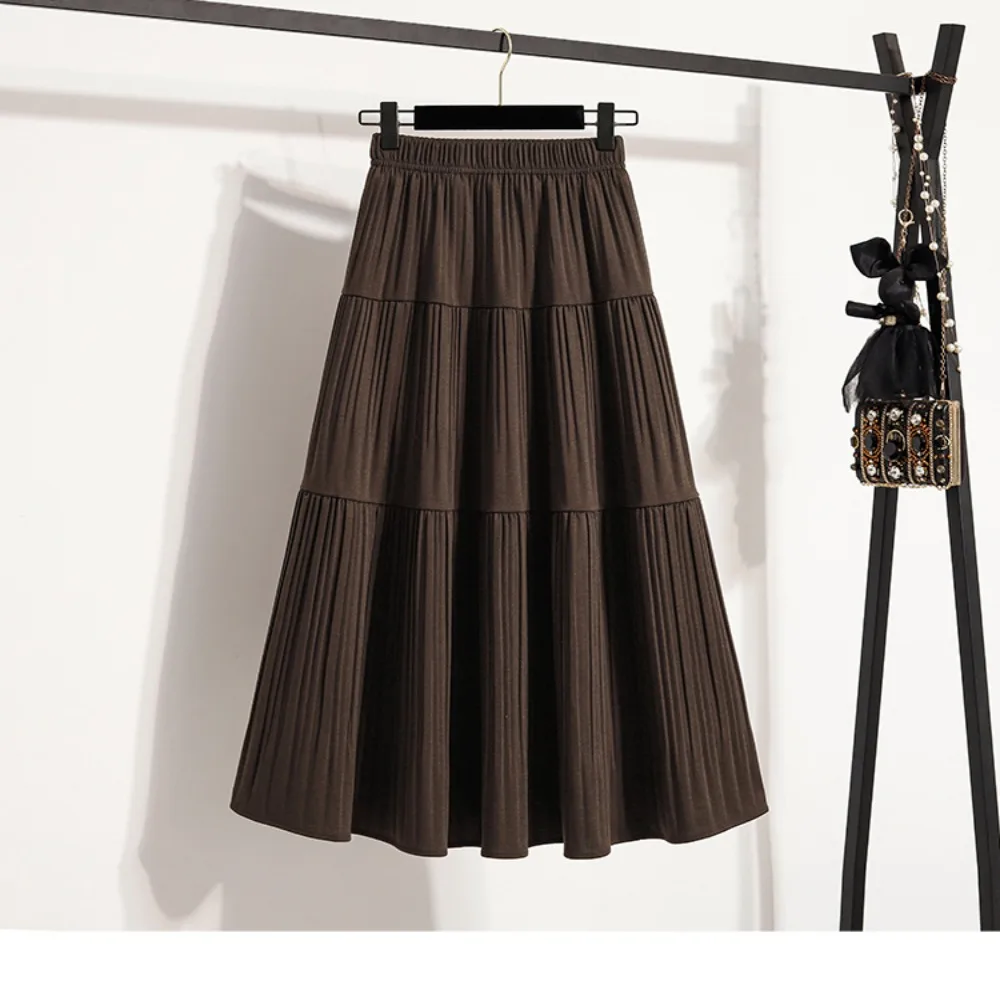 

Повседневные однотонные длинные плиссированные юбки с высокой талией, корейская уличная одежда, модная осенняя одежда больших размеров