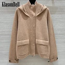 8.22 KlasonBell Women Fashion Stand Collar Hooded Cashmere Jacket Detachable Adjustable Big Pocket Zipper Coat