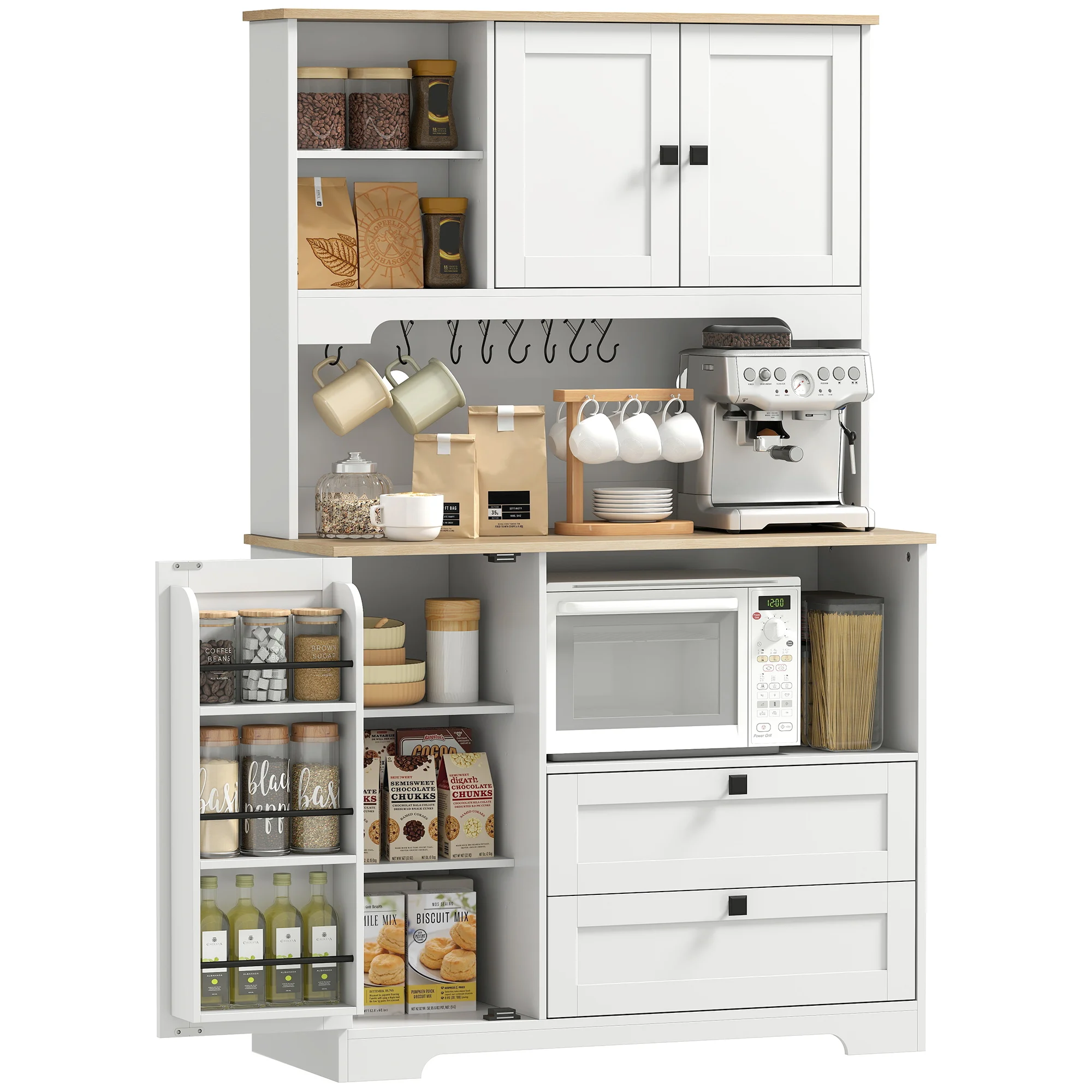 HOMCOM Credenza da Cucina, Armadio da Cucina con 3 Porte, 2 Cassetti, Piano di Lavoro, Scomparti Aperti, Bianco