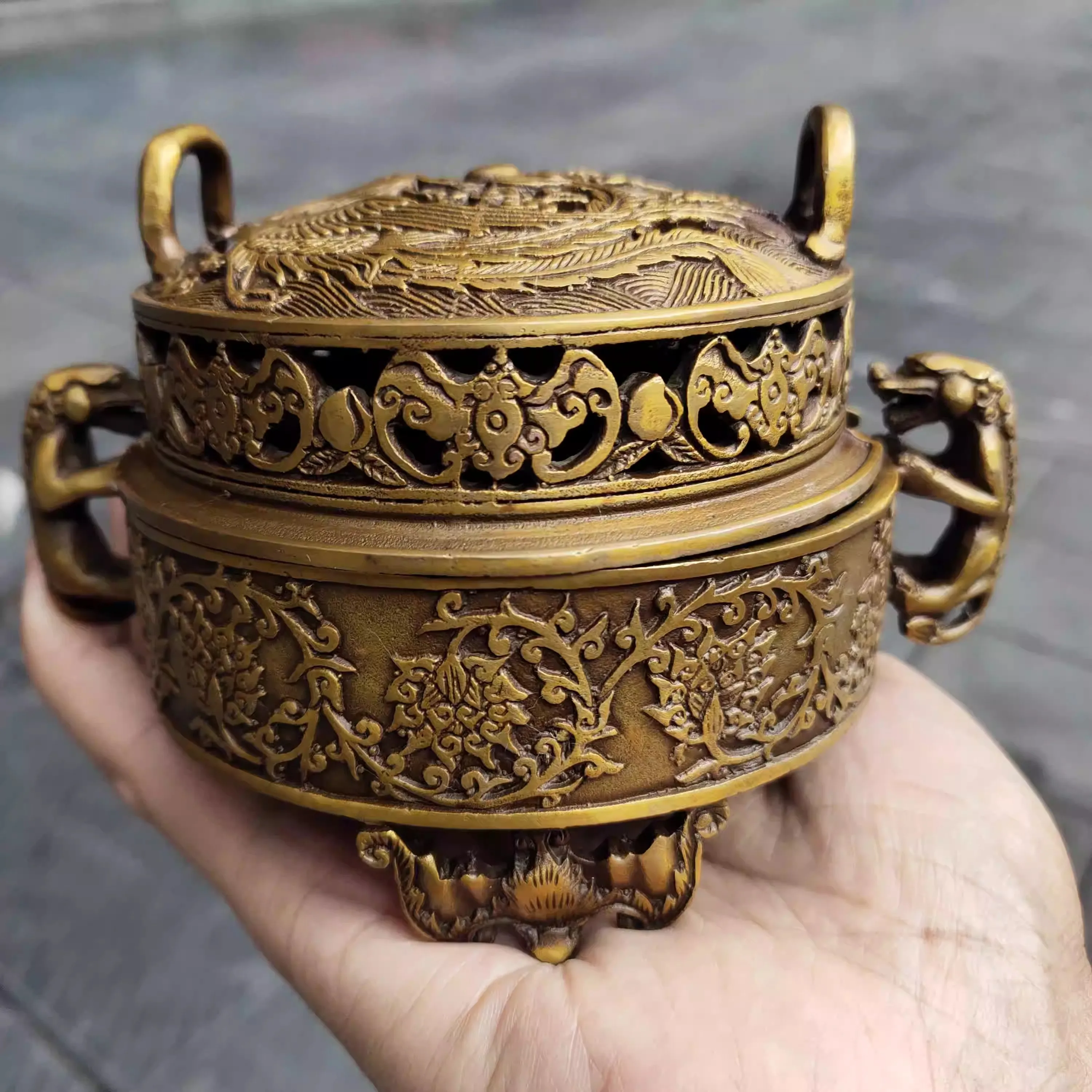 

Chinese Brass Copper Feng Shui Dragon and Phoenix Incense Burner Censer Statue