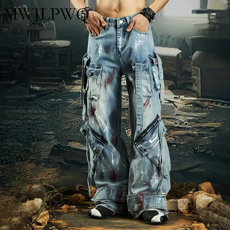 

MWJLPWQ Heavy Multi-pocket Ribbon Deconstructed Graffiti Jeans High Street Casual Loose Straight Cargo Trousers Autumn 010951