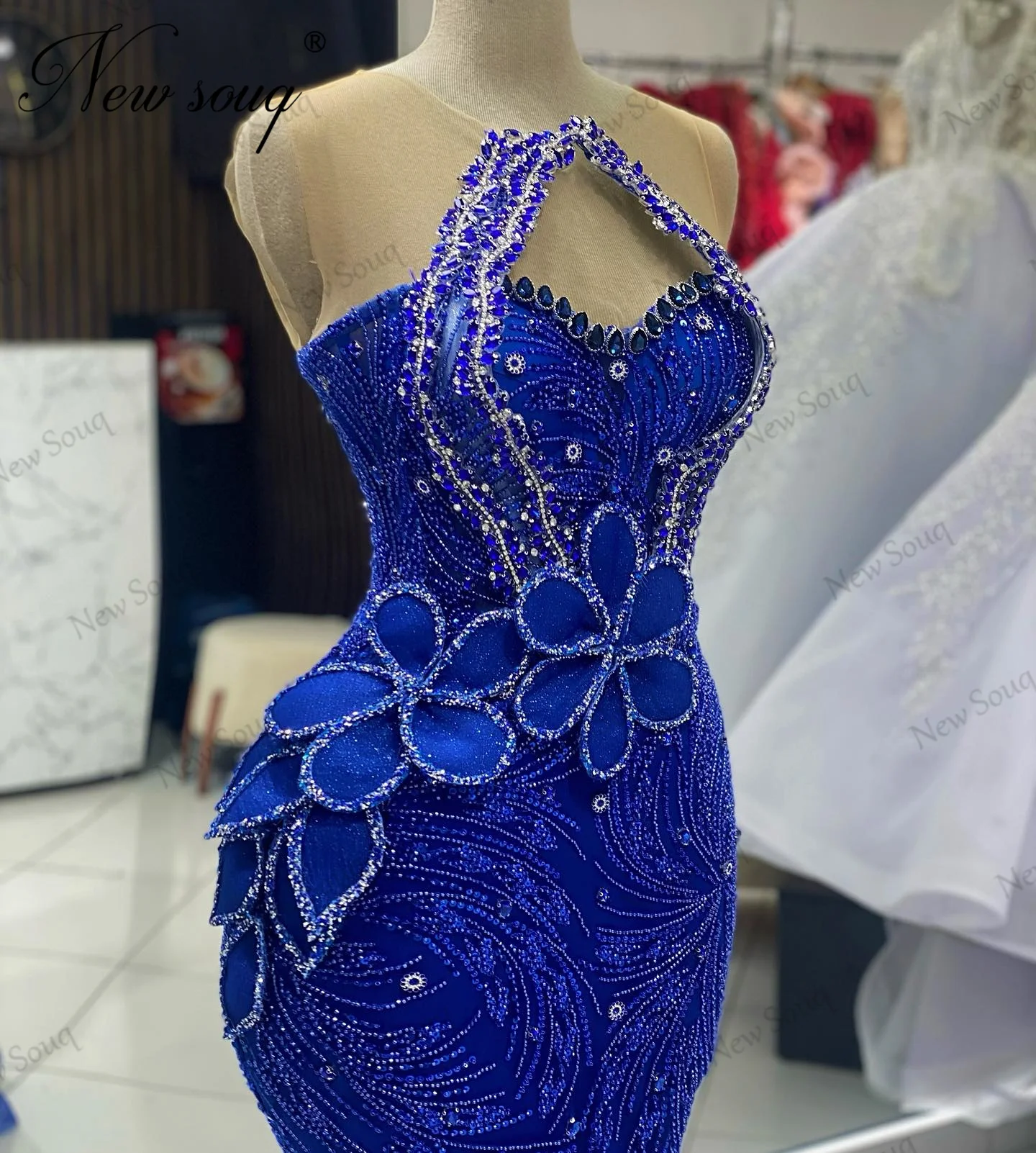 Royal Blue Mermaid Wedding Party Dresses Turkish Dubai Beaded Crystals Evening Gowns 2023 Arabic Halter Women Pageant Prom Dress