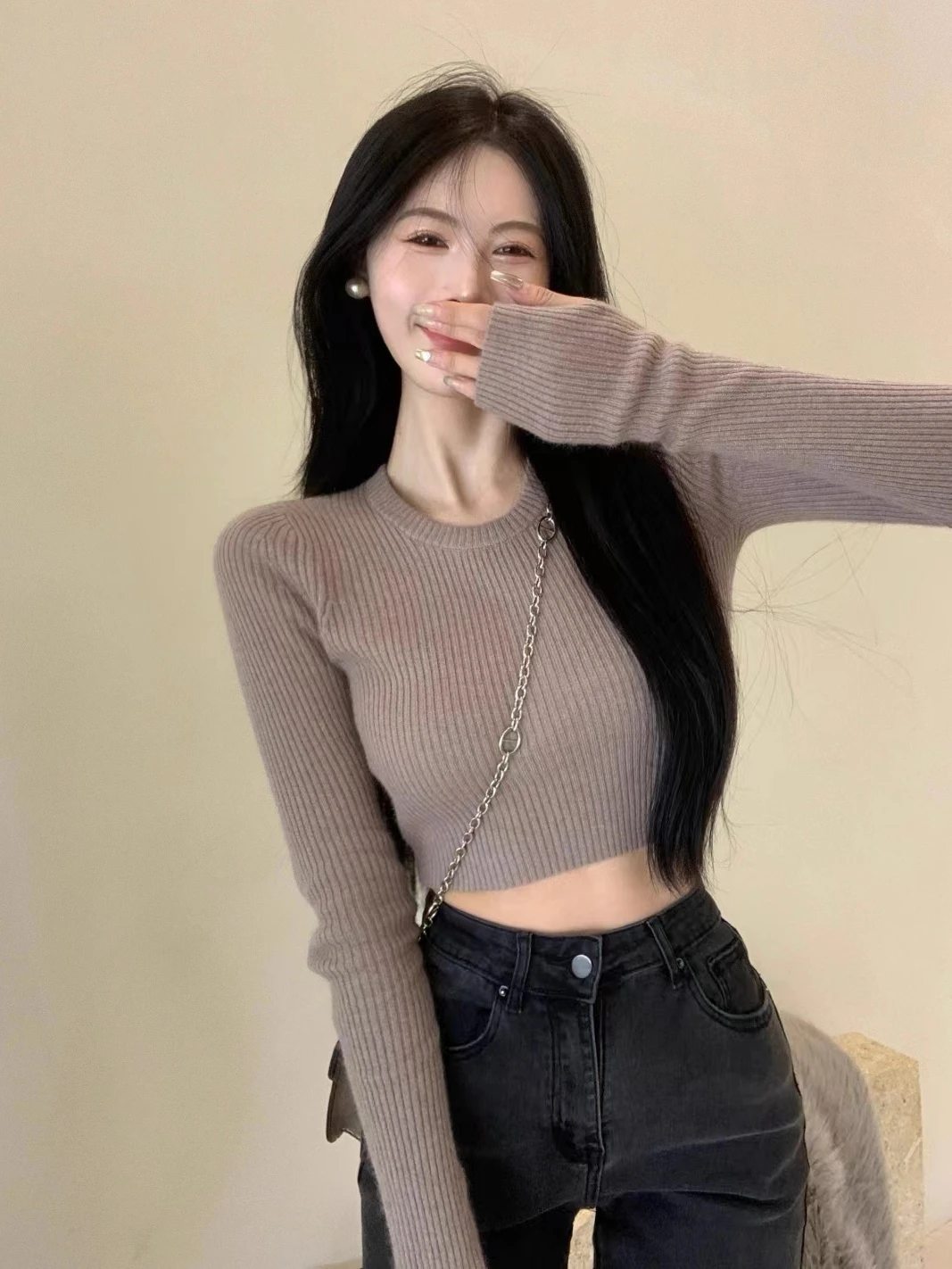 ay طويل Sve محبوك سترة المرأة الخريف الشتاء سليم صالح ort Sle البطن Baring Faionable قاعدة ضيقة irt العصرية