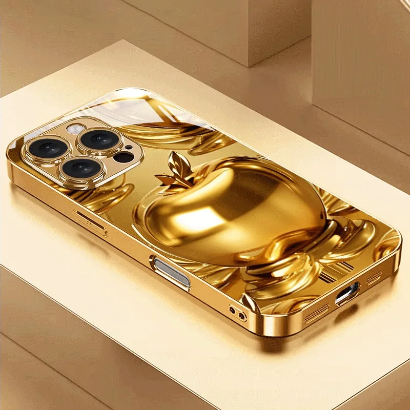 Luxurious Golden For Apple Patterned Phone Case For iPhone 18 17 16 14 13 11 12 15 Pro Max Air 16E 14 Plus Tempered Glass Cover