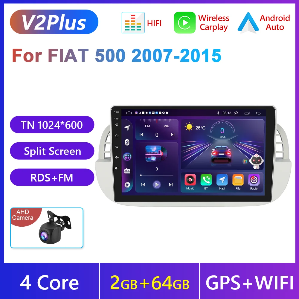 Podofo 2 Din WIFI Autoradio Voor FIAT 500 2007-2015 Draadloze Carplay Android Auto Multimedia Speler Mirrorlink autoradio - afbeelding 1