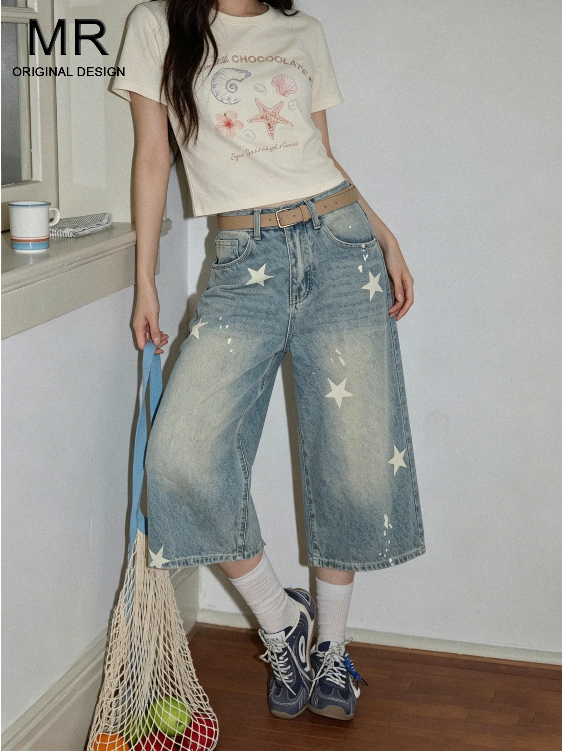 

Retro Star Print Distressed Denim High Waist Wide Leg Pants for Women Summer Casual Loose Fit American Style Seven-Foot Jeans