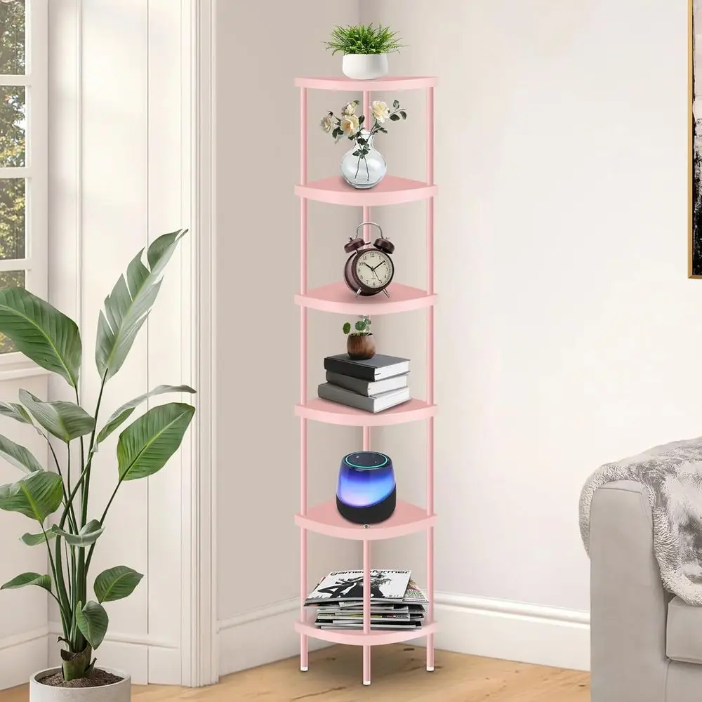 

Pink 6-Tier Corner Shelf, Tall Display Rack, Multipurpose Storage Organizer for Home Decor in Bedrooms and Living Rooms