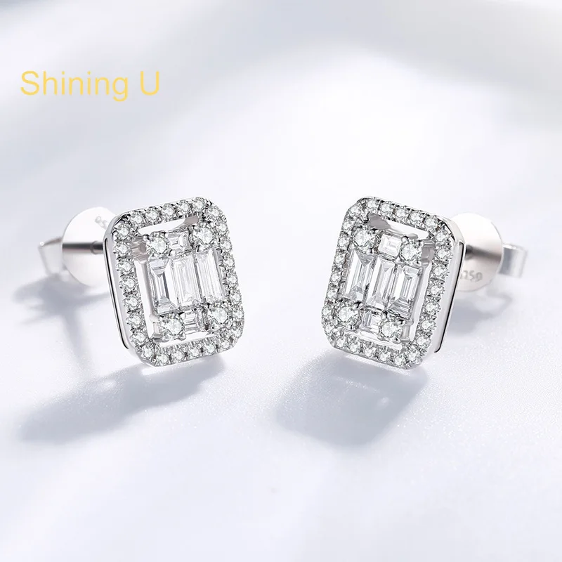 

Shining U S925 Silver Rectangle Zircon Gems Stud Earrings for Women Fine Jewelry Anniversary