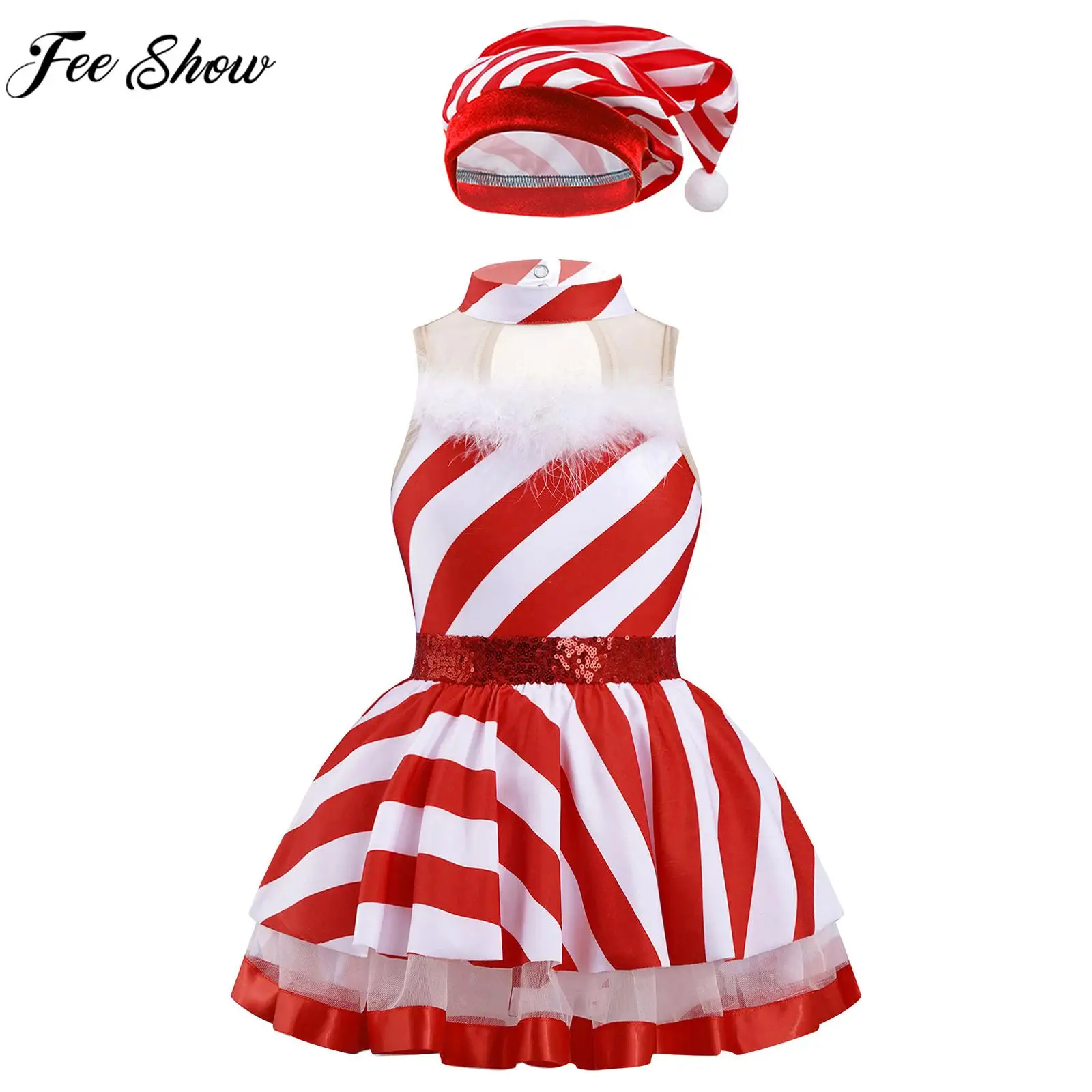 Vestido de festa de natal para meninas adolescentes listrado, bastão de doces, balé, dança, patinação, collant, tutu com chapéu, natal, papai noel, fantasia cosplay