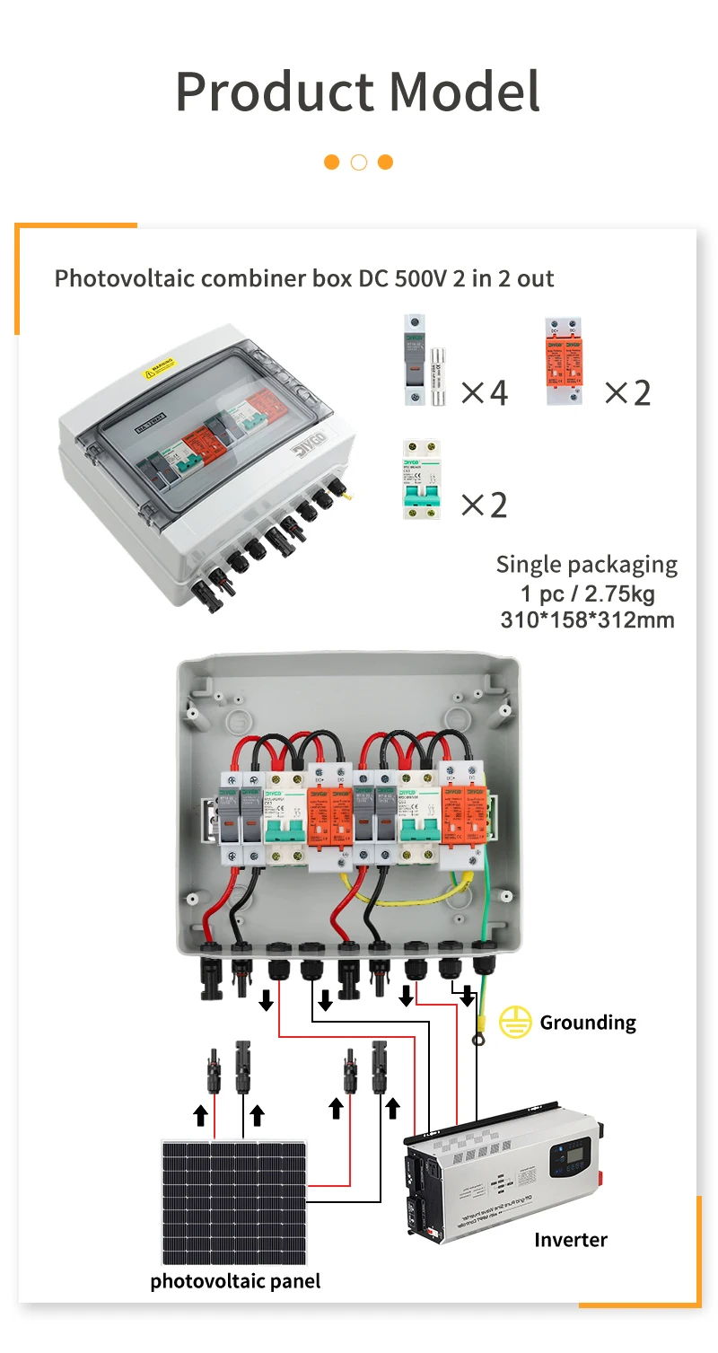 500 V 2 In 2 Out Solar PV Combiner Box Überspannung Blitz Verteilung Schutz DC Sicherung IP65 Wasserdicht 16/20/25/32/40/50/63 A – Detail 5
