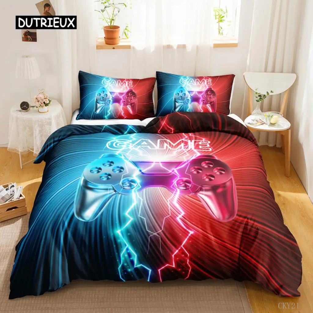 

Games Duvet Cover Set Gradient Gaming Comforter Cover for Kids Teen Gamepad Bedspread Cover Neon Games Polyester Qulit Cover