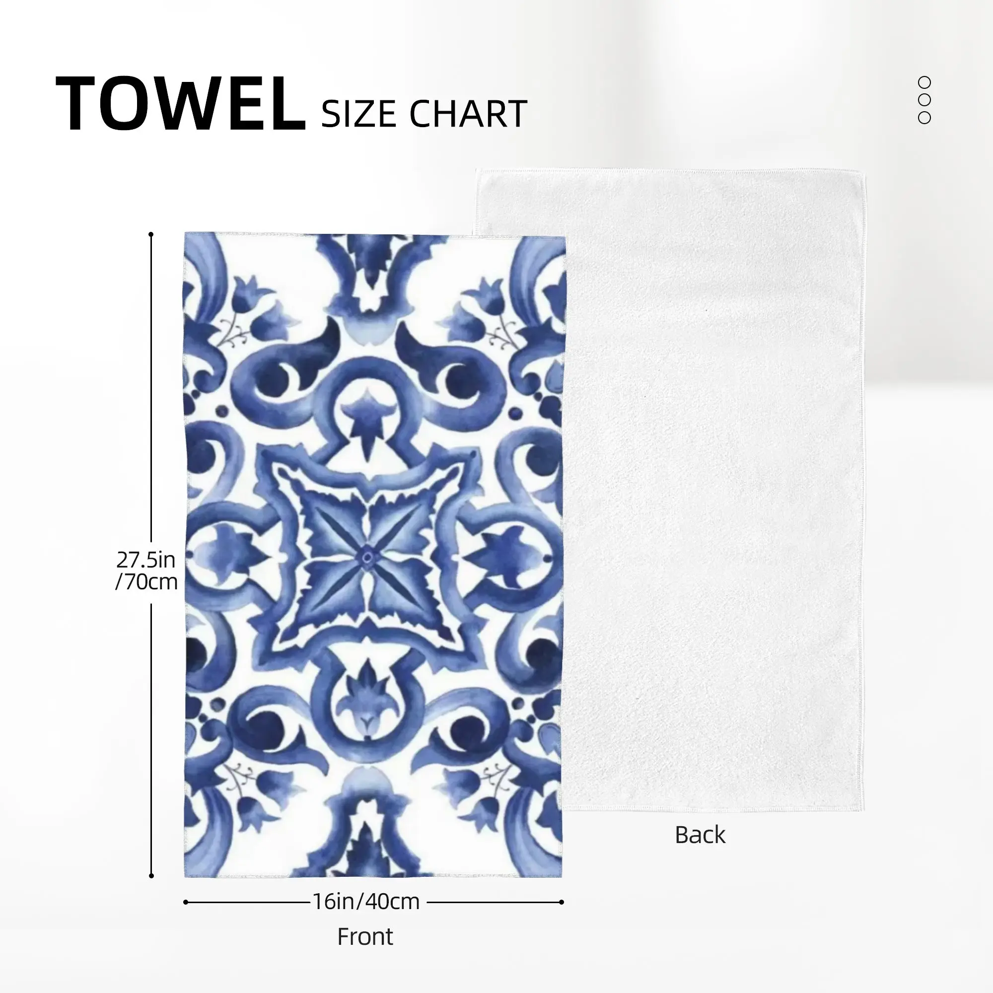 Custom Blue Ornate Floral Mediterranean Sicilian Tile Soft Face Towel Quick Dry Pool Bath Cotton Towels Absorbent