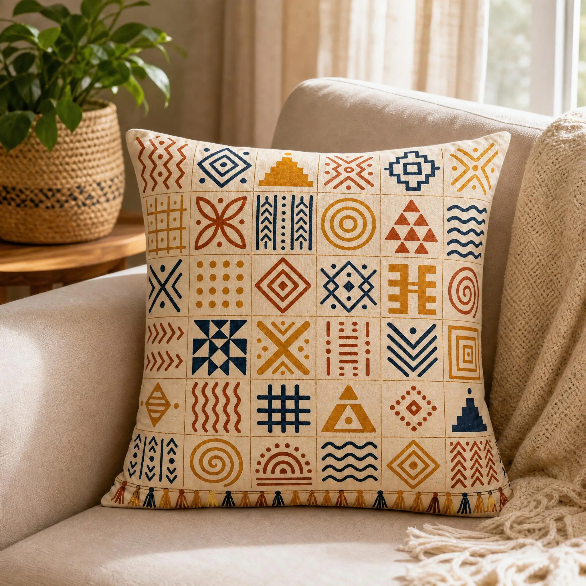 Tribal Geometric Grid Pattern Pillow Cover, Suitable For Sofa Bedroom Decoration, Unique Holiday Gift - view 3