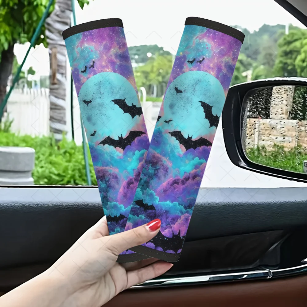 2pcs Moon, Bats & Clouds Car Seat Belt Cover, Mysterious Galaxy Style with Moon, Bats & Clouds, Multifunctional Car