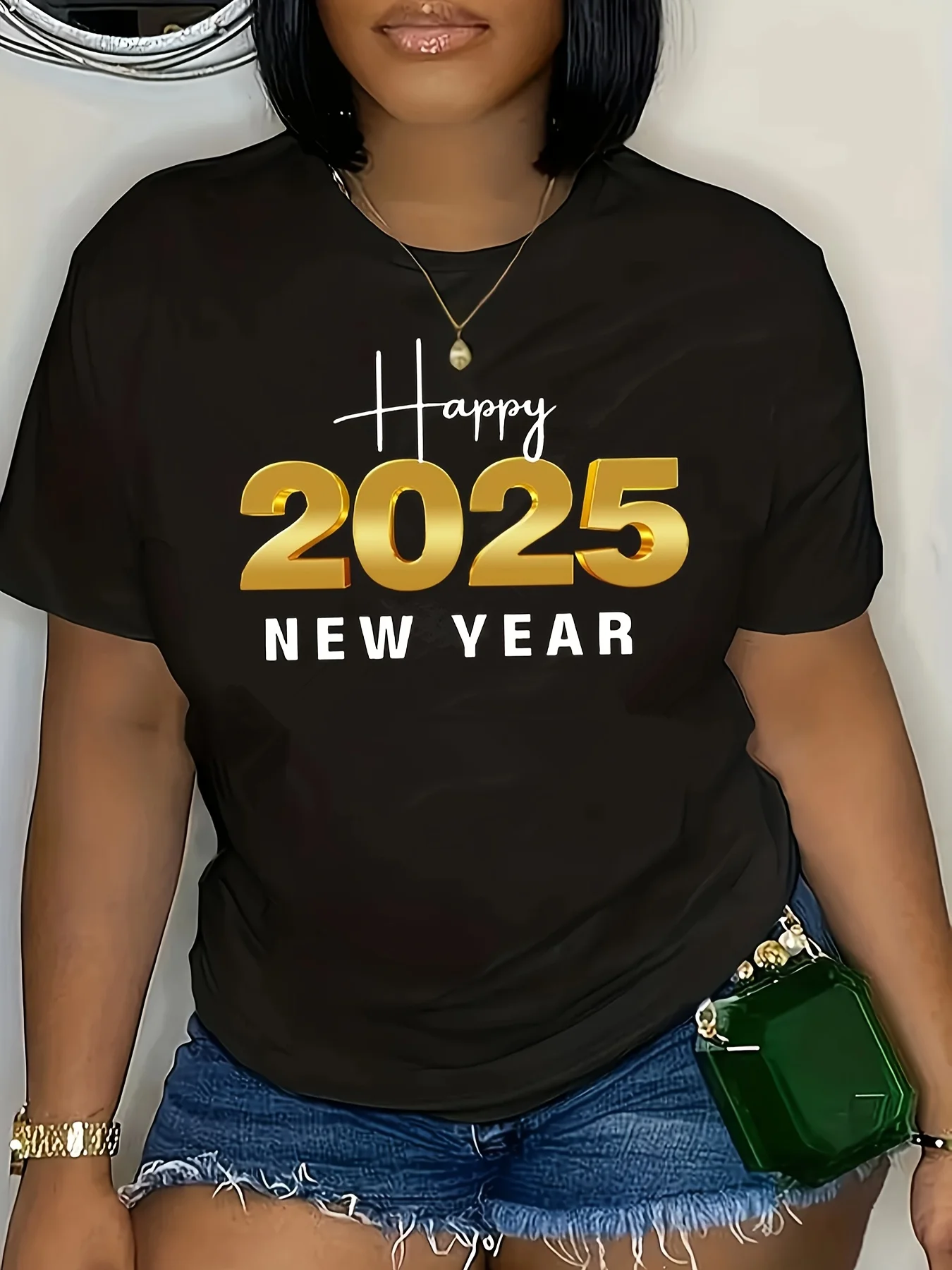 Happy New Year 2025 Plus Size Casual T-Shirt Crew Neck Short Sleeve Stretchy Polyester Blend Machine Washable - Women's Fashion