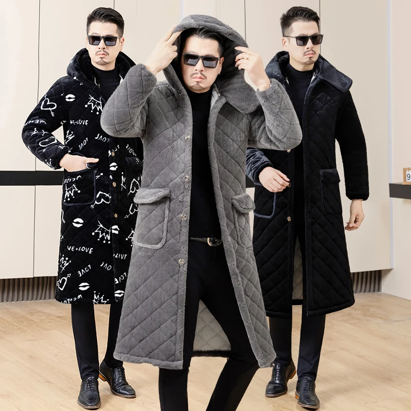 

Men's Thiened Fce Lined Extra Long Cotton Jaet Faionable Outerwear Home Clothes Warmth Busin Casual Single Button