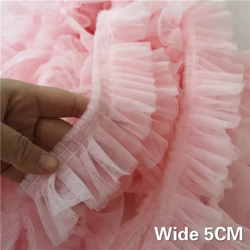 5 cm 와이드 더블 레이어 3d pleated 메쉬 레이스 패브릭 프릴 트림 수 놓은 칼라 리본 바느질 의류 스커트 접합 재료