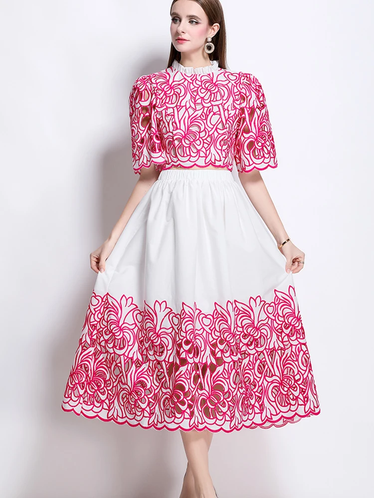 

Elegant Round Neck Hollowed Out Embroidered Top+Color Blocked Skirt Set 2025 New Fashionable Women'S Clothing