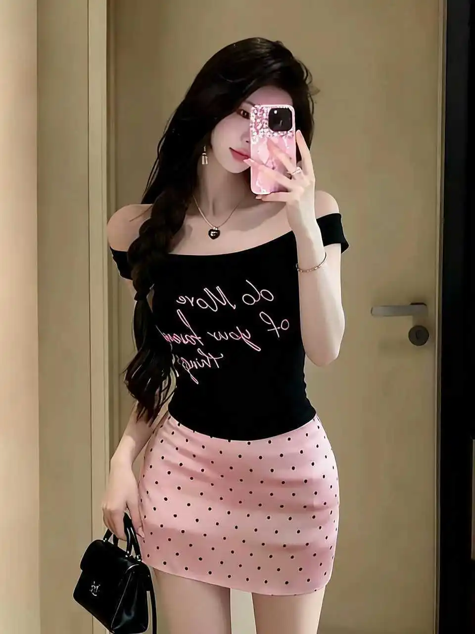 

Sweet Stylish Embroidered Letter One Shoulder Short Sleeve T-Shirt Slim Fit Summer Fashion Women's Top round Neck Nicole Rose