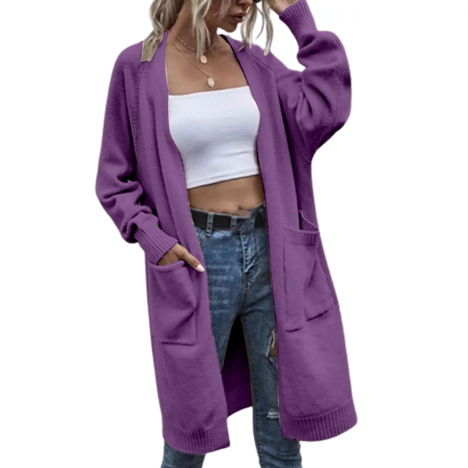 Women's Autumn Solid Color Knit Cardigan Mid Length Double Pocket Casual Style Loose Coat Suitable For Family Party Travel