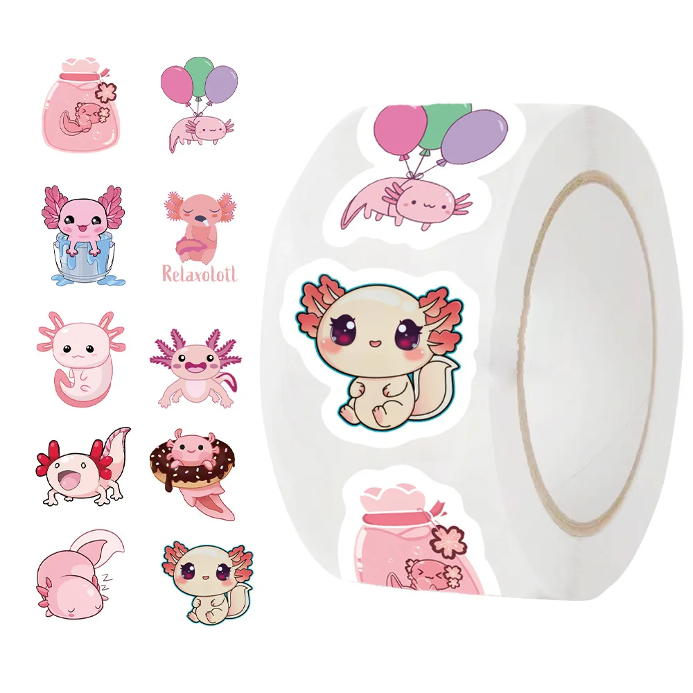 500 Stuks/Roll Leuke Axolotl Cartoon Seal Roll Stickers Diy Telefoon Gitaar Laptop Notebook Koffer Icebox Waterdichte Sticker kinderen Speelgoed