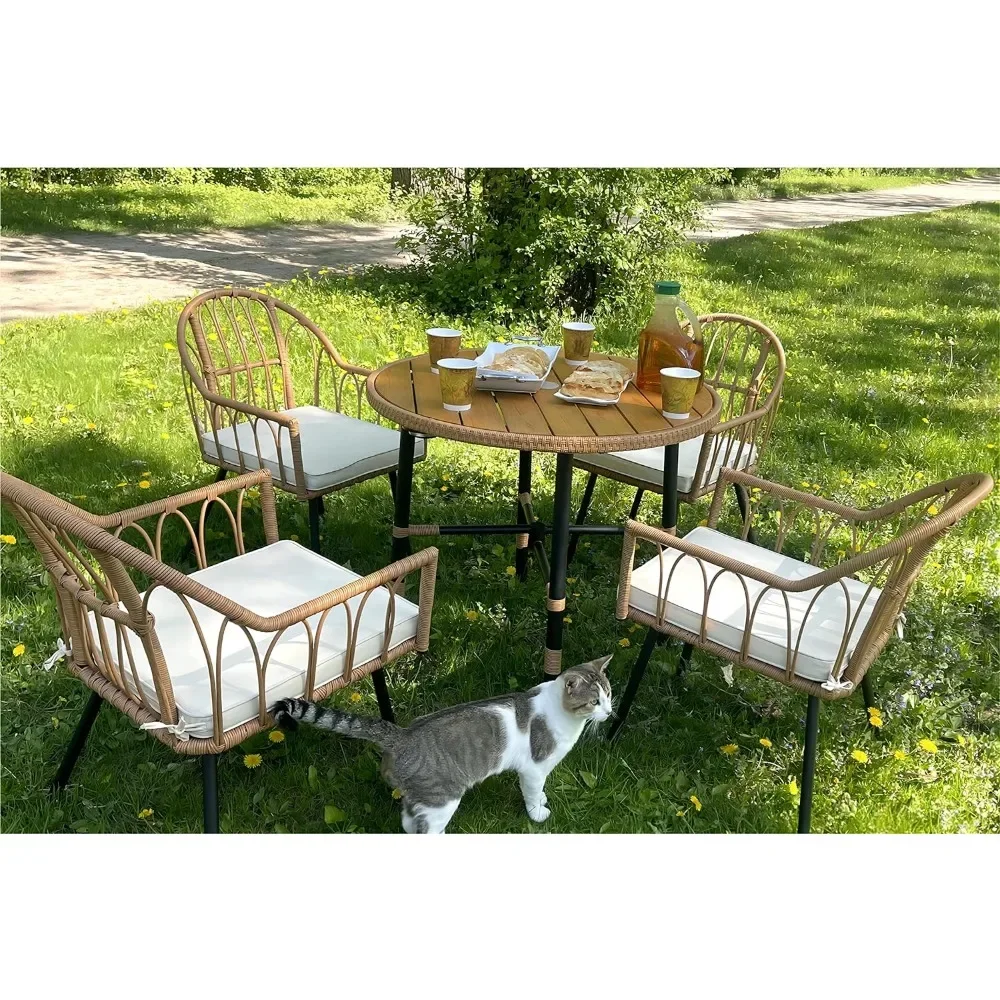 5 PiecesWicker Patio Dining Set,Outdoor Rattan Dining Table Set for Patio, Backyard, Balcony, Garden (with Umbrella Hole)