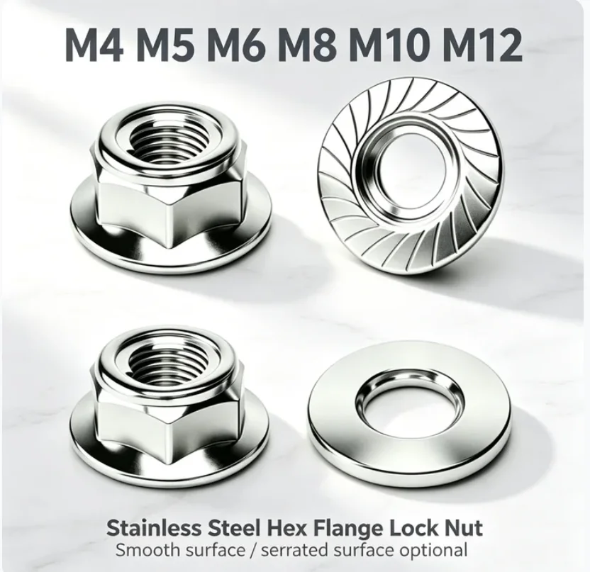 Metric M4 M5 M6 M8 M10 M12 All‑Metal Serrated / Plain Flange Lock Nut 304 Stainless Steel Anti‑Vibration Self‑Locking Nut