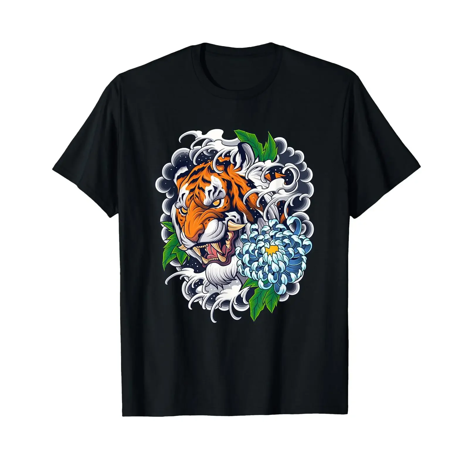 Fierce Tiger Leaves Flowers Tattoo Design in Japanese T Shirt black s vintage Washed homme Versatile graphic Stylish Soft