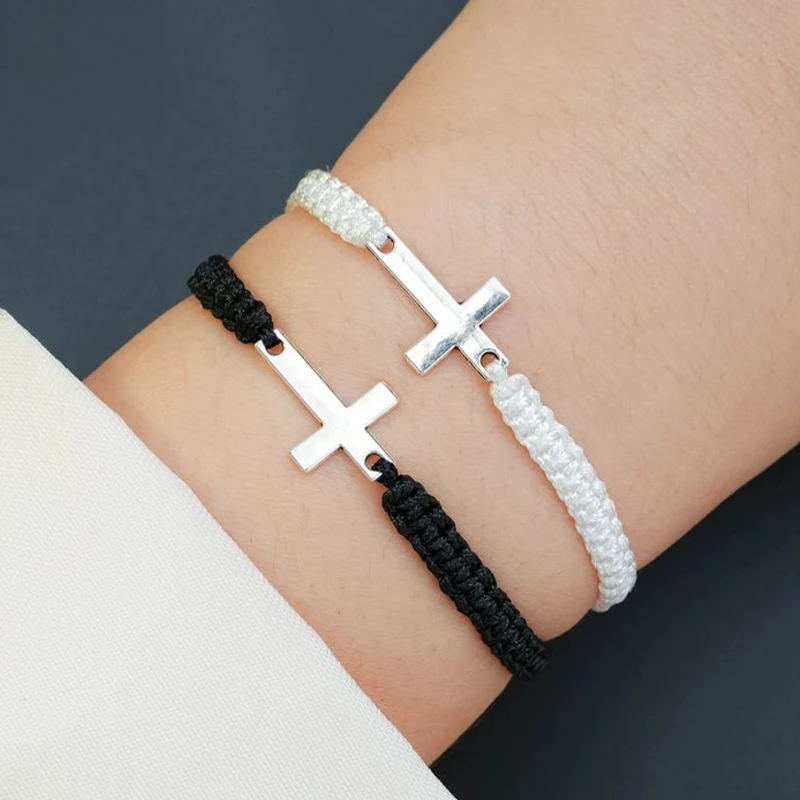 New Trendy Black White Cross Rope Chain Bracelets for Women Men Faith Baptism Couple Gift Silver Color Matching Bracelet Jewelry