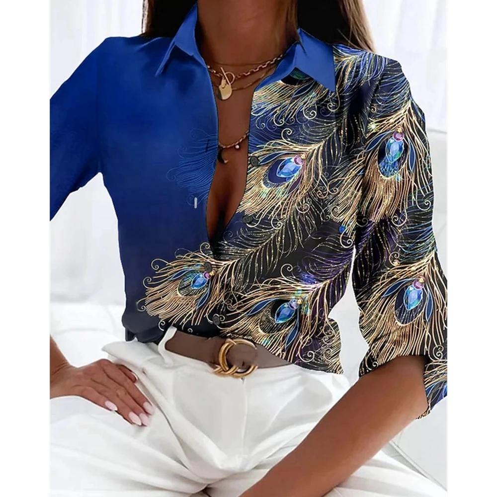 

Fashion Peacock Feather Print Long Sleeve Female Shirt Top Office Lady Women Casual Turn-down Collar OL Style Blouse Workwear