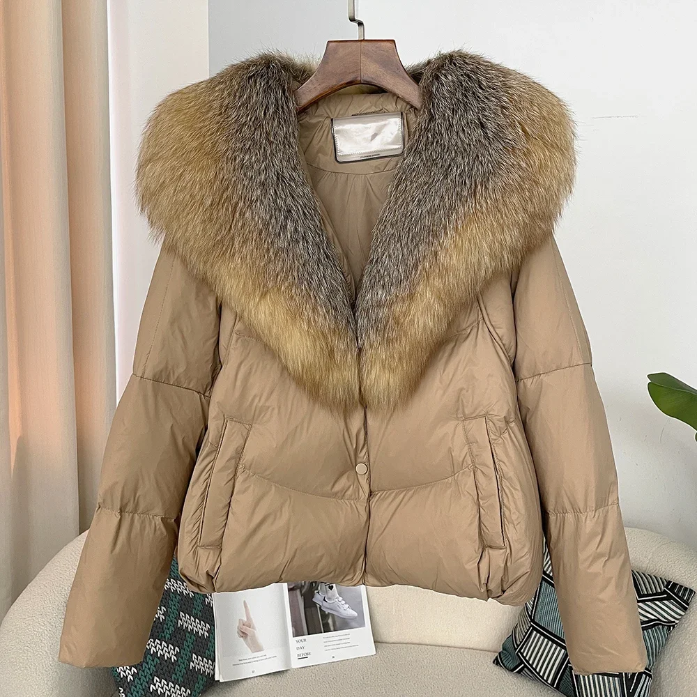 Autumn Winter Fashion Silver Fox Fur Detachable Fur Collar Splicing Down Jacket Women's Thickened Warm Coat 90% White Duck Down