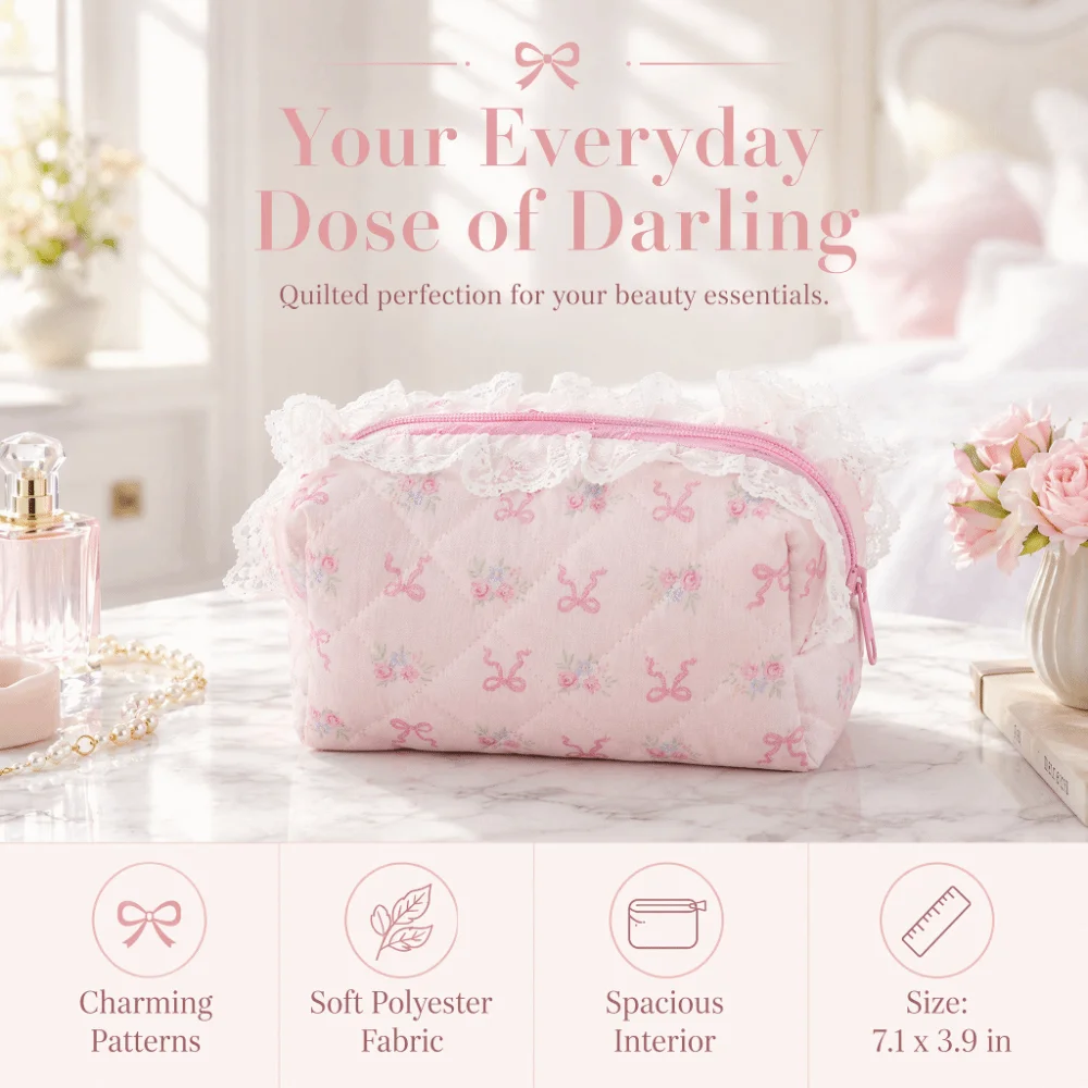 Sweet Bow Floral Print Makeup Bag Large Capacity Quilted Ruffled Edge Pen Bag Zipper Closure Bow Floral Print Wash Storage Bag