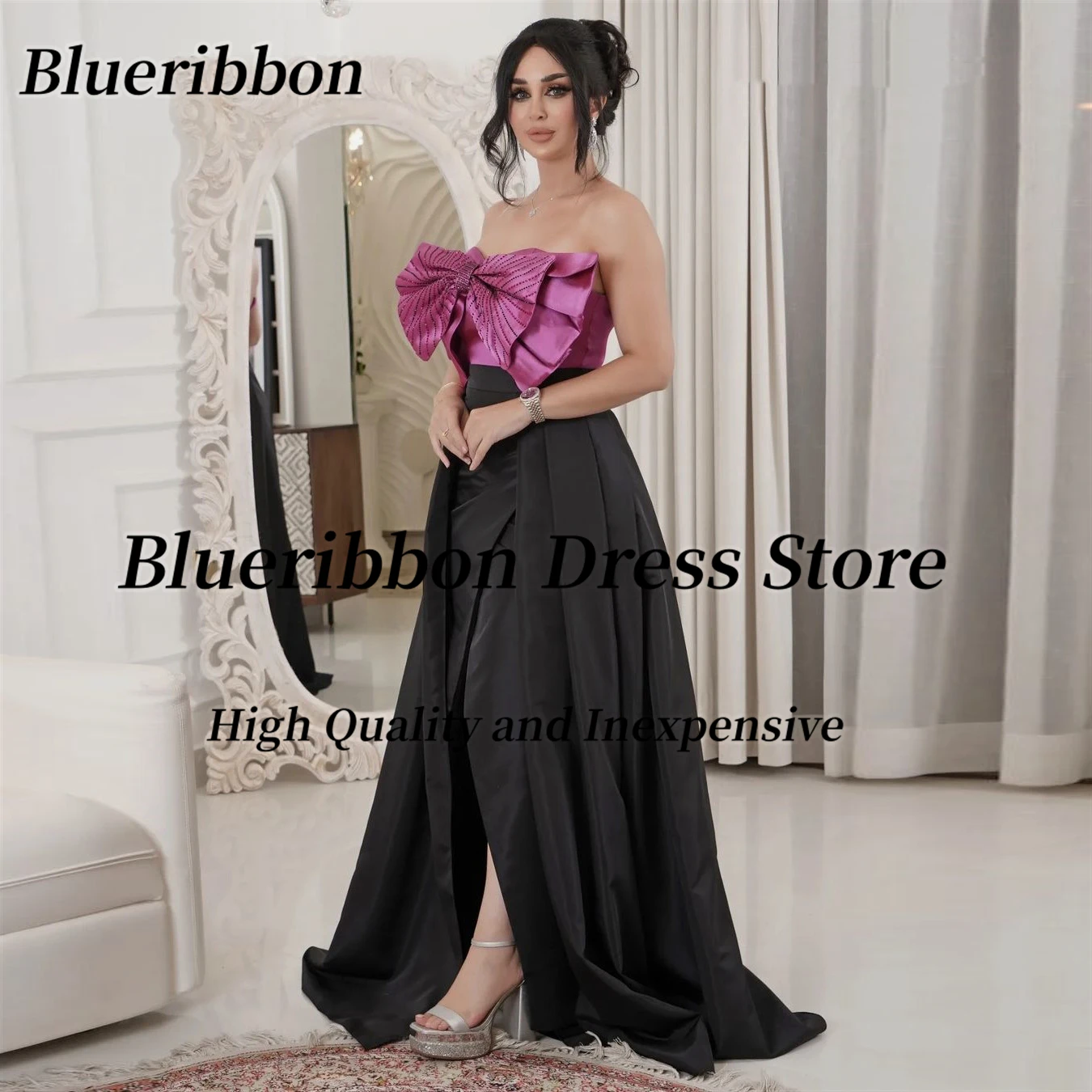 Blueribbon Contrast Color Prom Dresses 2024 Hot Drill Bow Sweetheart Evening Gowns Long SIde Slit Black Wedding Guests Dress