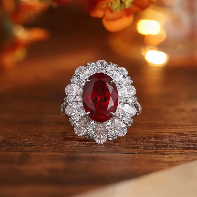 

High-end luxury cultured pigeon egg diamond 9*11mm Emerald Banquet Blue Ruby Ring S925 Silver plating18K White Gold Ring