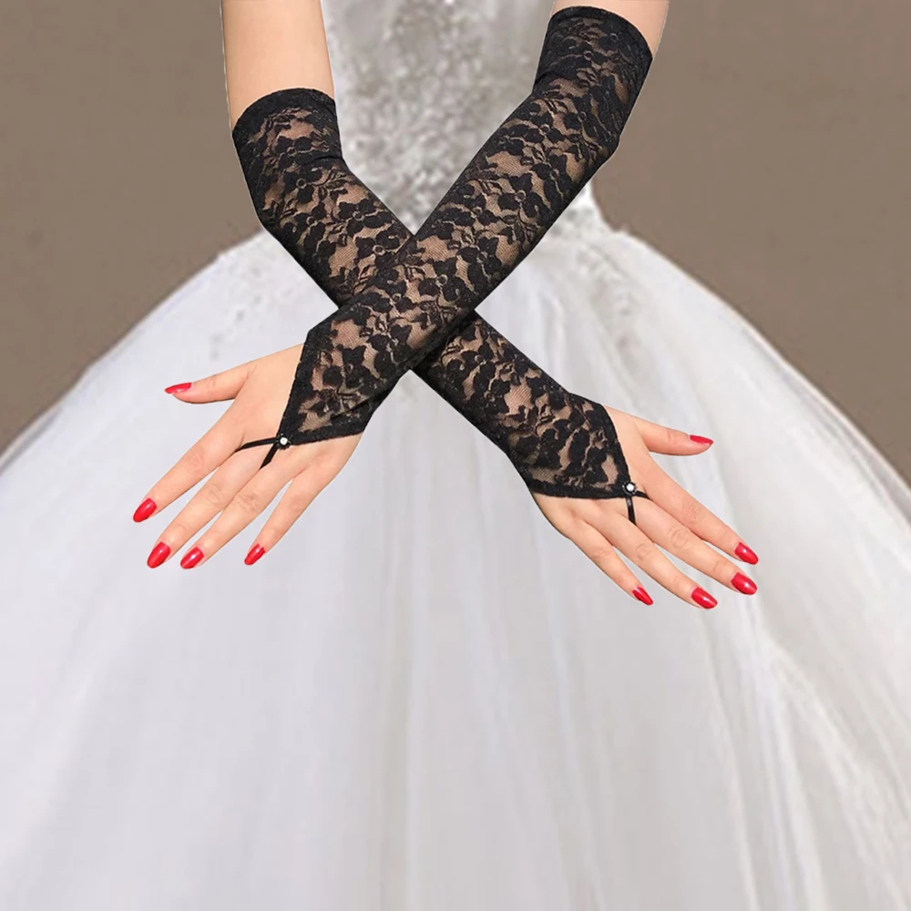 

Wedding Party Women Elbow Silky Long Lace Gloves Fingerless Mitten Thin Gloves Women Gloves