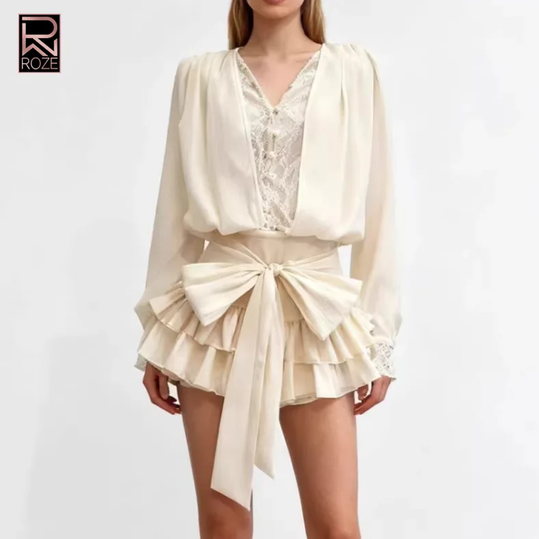 

Waist-Tie Bow Puff Short Skirt with Lace Long Sleeve Blouse Two Piece Set, Spring New Fashion Hot Girl Outfit for Women