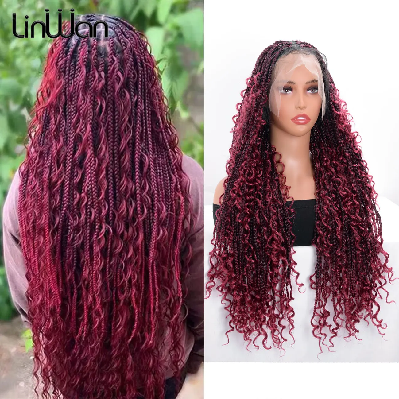 Long Boho Braided Full Lace Front Wigs Synthetic Blonde Curly Goddess Locs Cornrows Wigs Pre Plucked Baby Hair Box Braids Wig