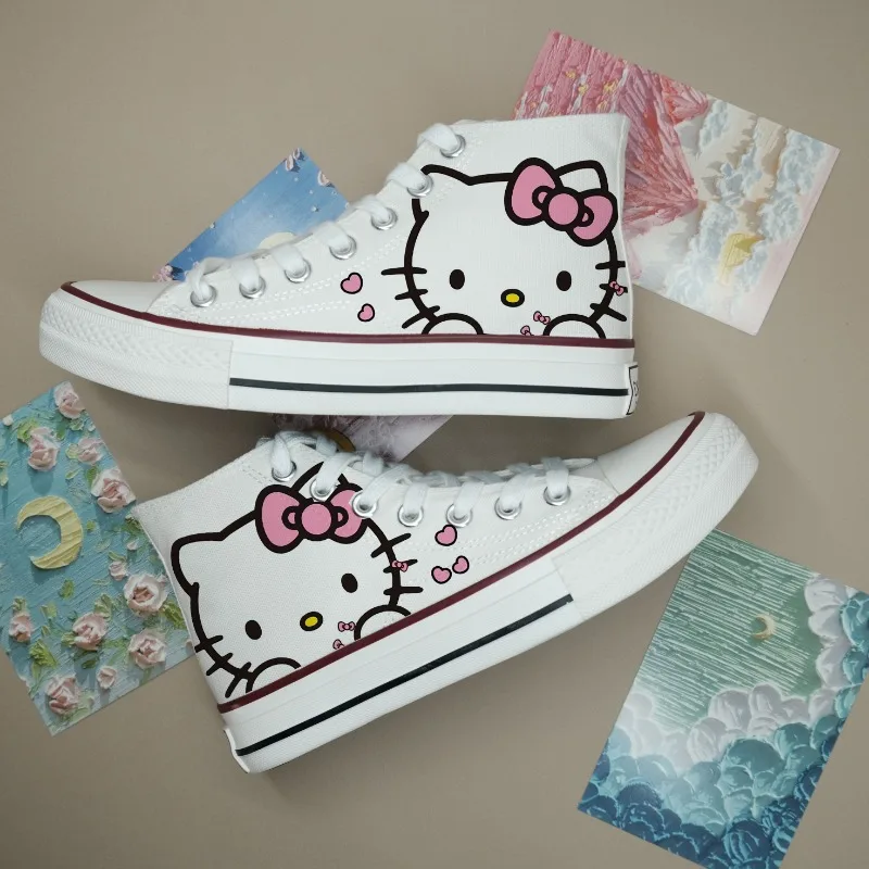 Sanrio Original Hello Kitty Printing Shoes for Women College Style Lace Up Couple Canvas Shoes Kawaii White Sneakers Women 2025