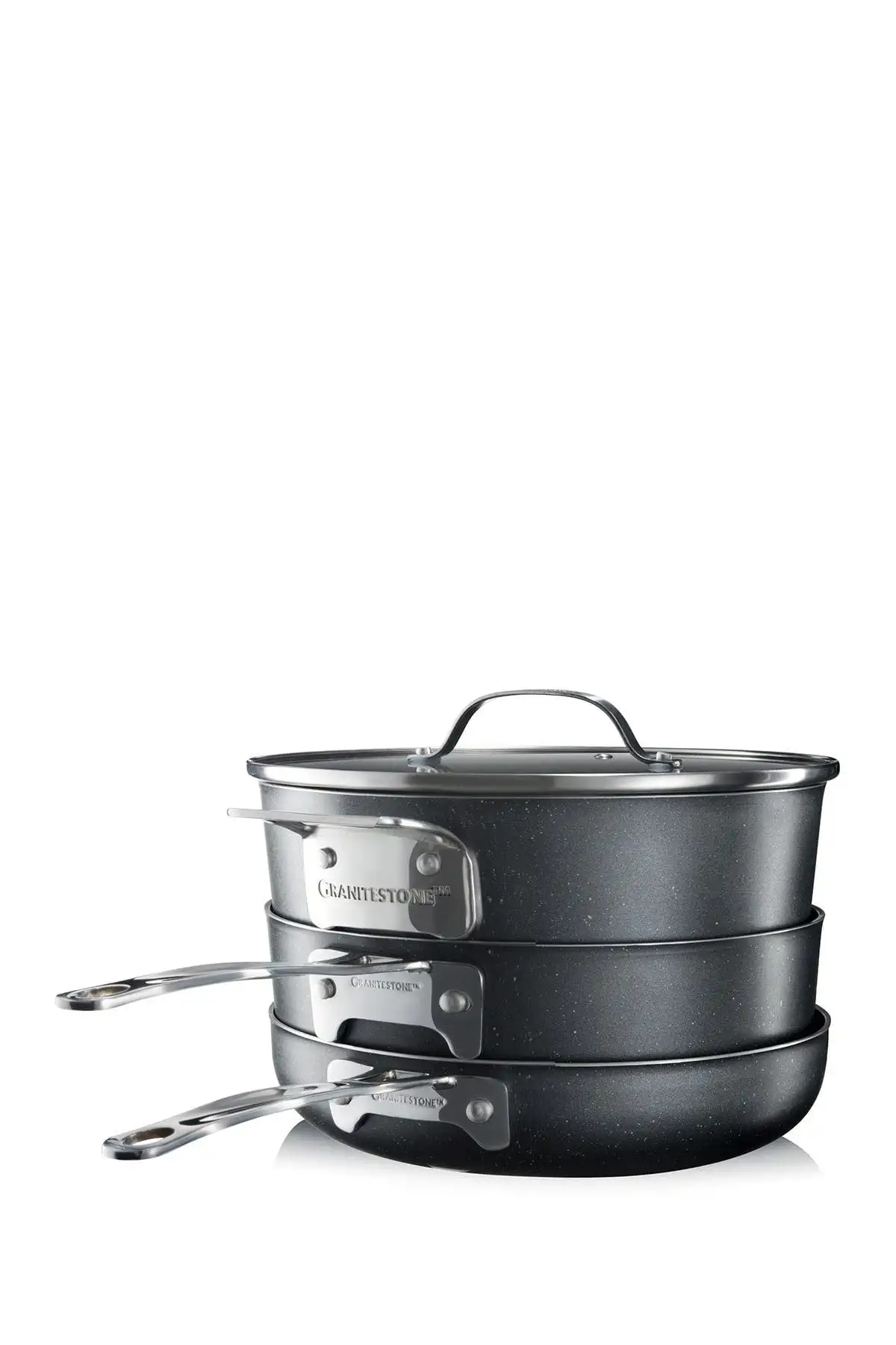 

10" Stack Pan Stackable Cookware Set 5pc Set Reinforced Nonstick Surface Seamless Cleanup Cool Touch Handles