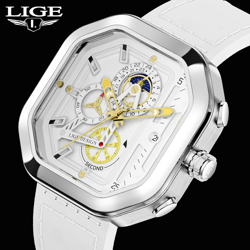 

LIGE Top Brand Luxury Men Watch Square Quartz Mens Watches Leather Strap Waterproof Chronograph Wristwatch Man Relogio Masculino