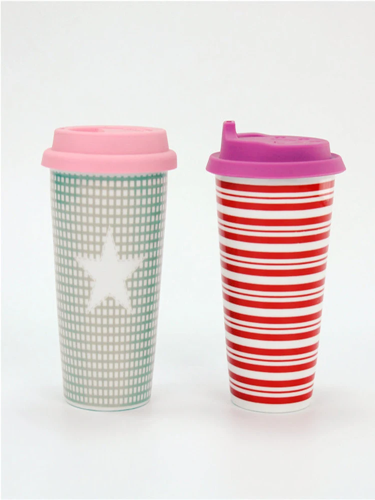 Colorful Handless Custom 300ml Ceramic Tumbler Travel Mug With Silicone Lid