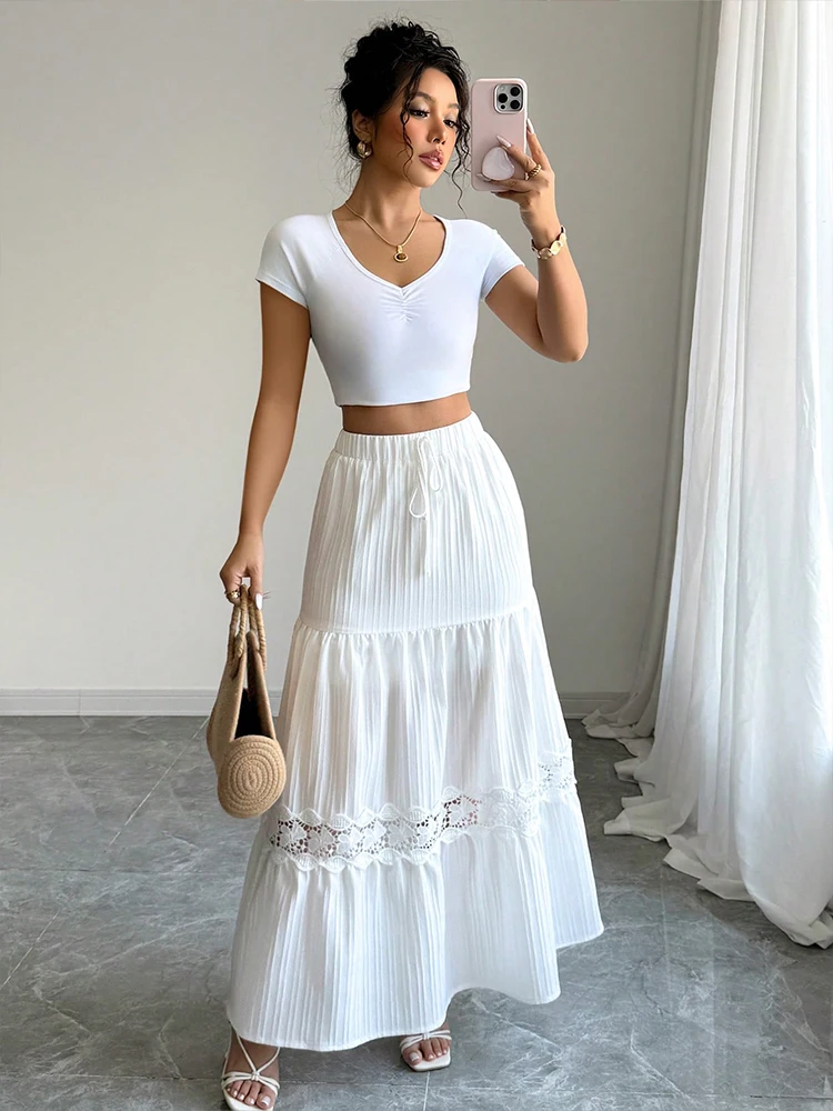 

Women's white long dress with lace trim and layered design - summer casual fashion, suitable for daily outings and travel outfit