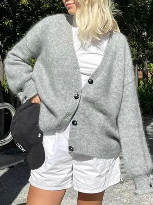 

Простой однотонный свитер с длинными рукавами и пуговицами для отпуска, шерстяная женская одежда, осень/зима 2025