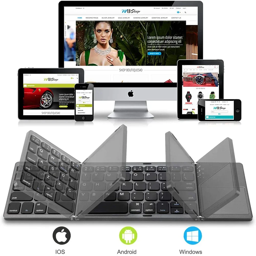 

Portable Mini Three Folding Wireless Bluetooth Keyboard Foldable Touchpad Keypad for Android Windows Tablet Laptop