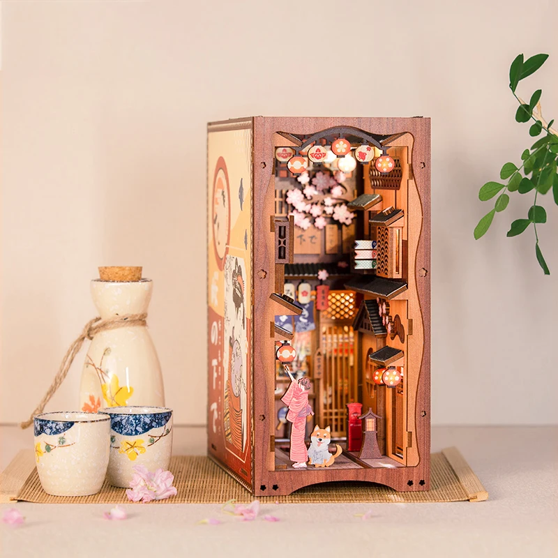 ​Cutebee DIY Book Nook Sakura Miniature Dollhouse Bookshelf Insert Japanese Wooden Bookend 3D Lighting Building for Kid Gifts
