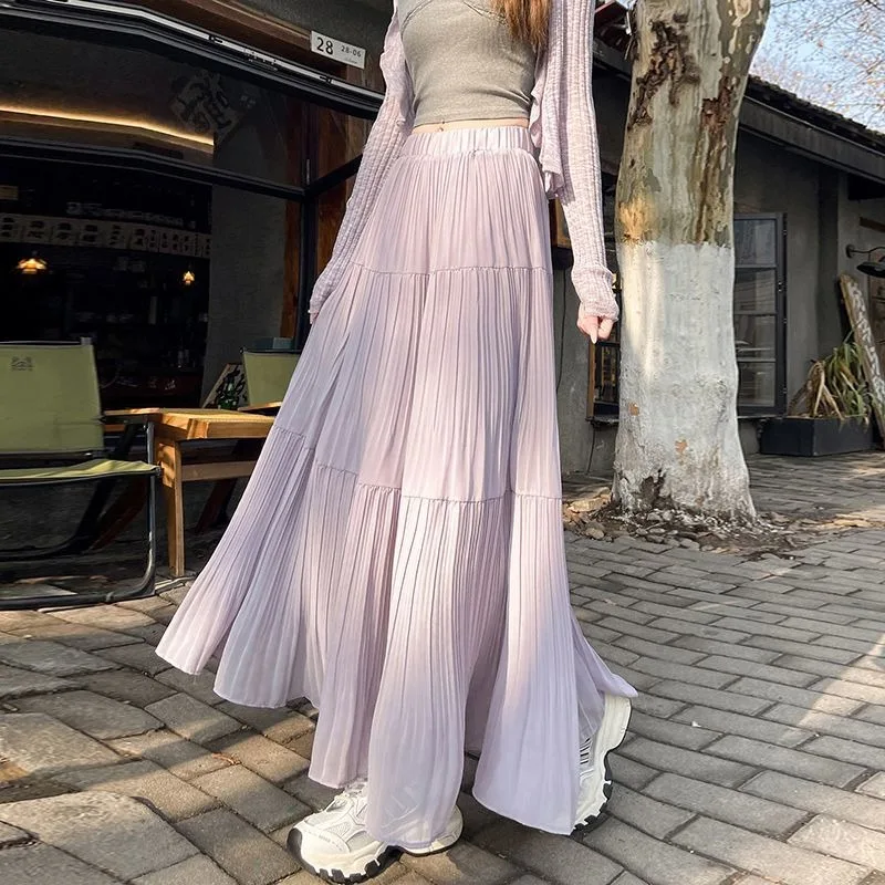 

Solid Chiffon Skirts for Women Summer Casual Elastic High Waist Pleated Skirt Fashionable Casual Loose Fit A-line Long Skirt