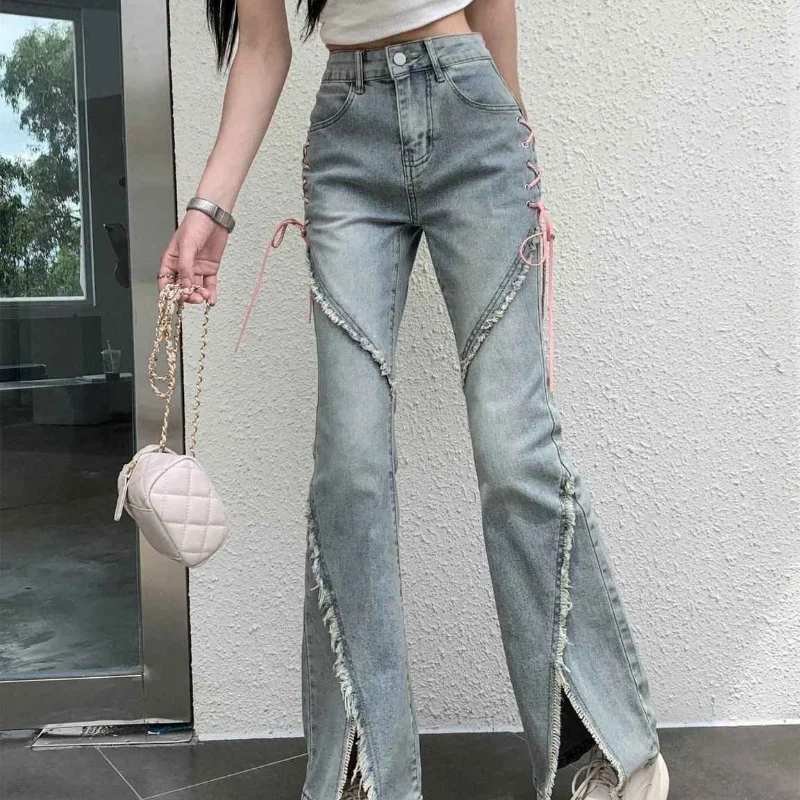 Jeans Women Harajuku Pink Bandage High Waist Denim Pants Casual Streetwear Y2K Vintage Korean Female Irregular Spliced Trousers